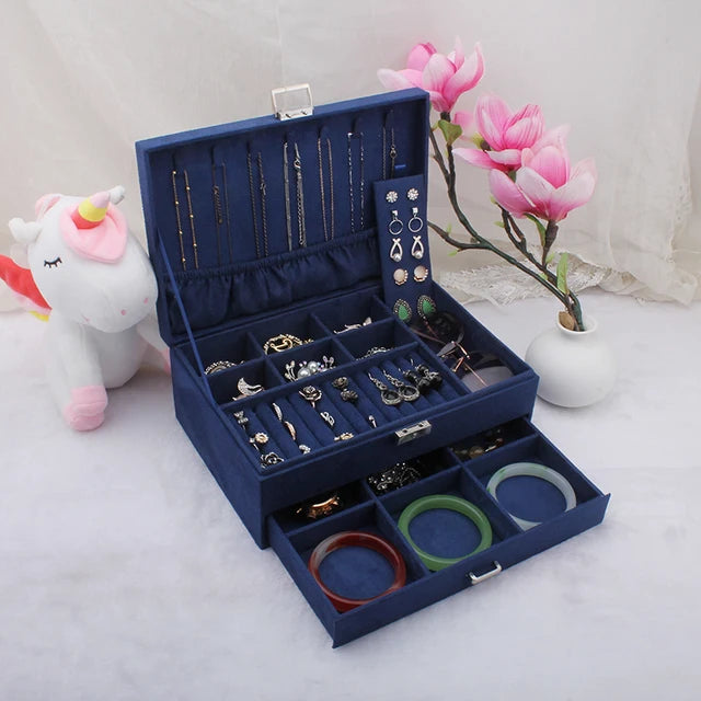 Double Layer Flannel Jewelry Holder - Large Capacity Velvet Jewel Box -  NAVY