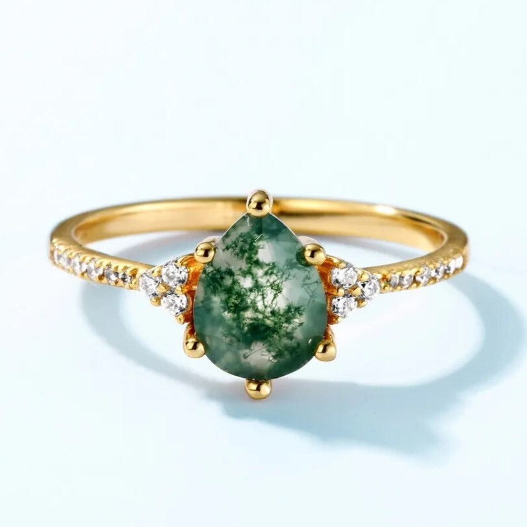 14K Gold-Plated 925 Silver Natural 6x8mm Green Moss Agate Water Drop Ring