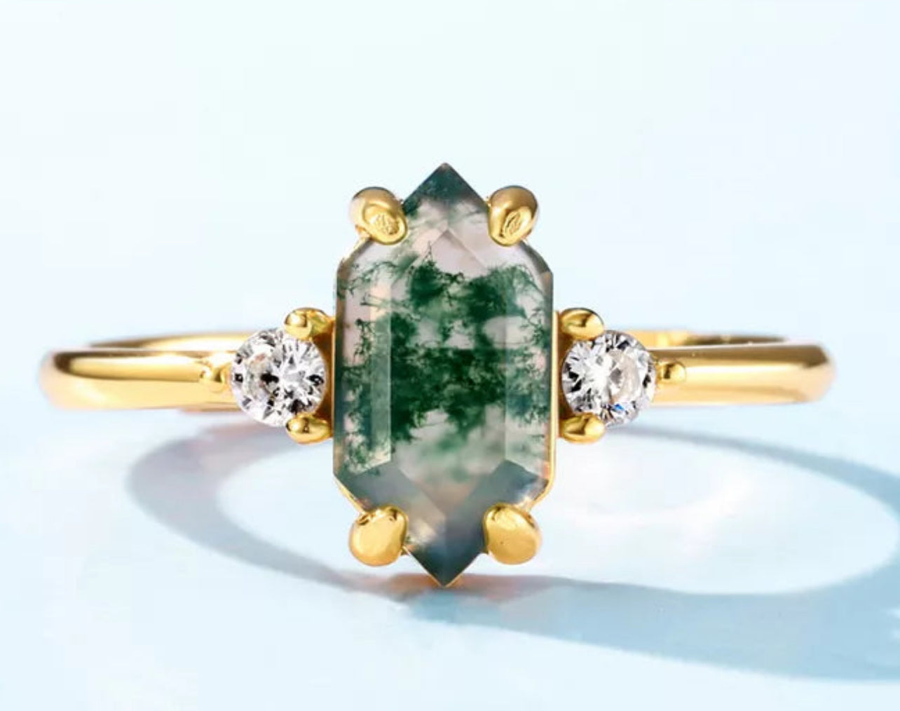 14K Gold-Plated 925 Silver Natural Green Moss Agate Resizable Ring