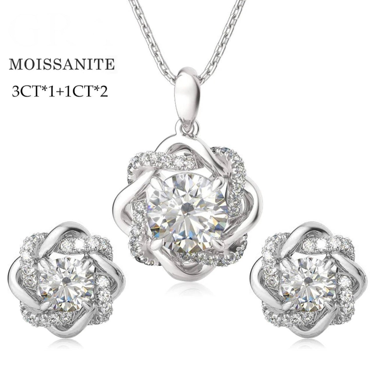 925 Silver 3CT Moissanite Necklace and Earrings Jewelry Set