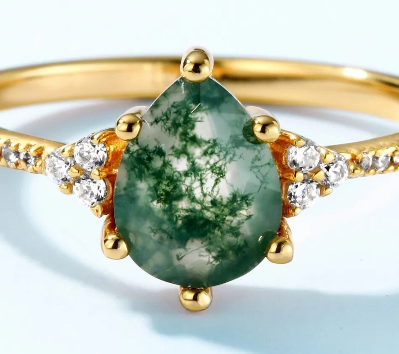 14K Gold-Plated 925 Silver Natural 6x8mm Green Moss Agate Water Drop Ring