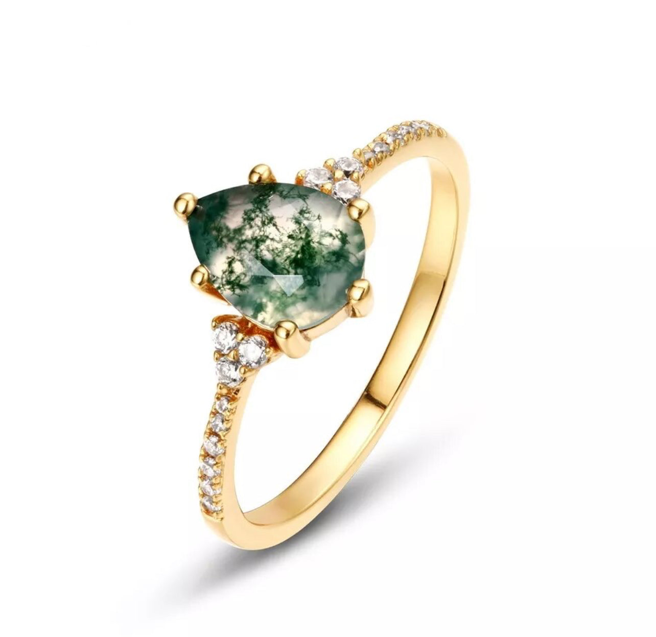 14K Gold-Plated 925 Silver Natural 6x8mm Green Moss Agate Water Drop Ring