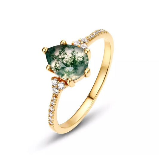 14K Gold-Plated 925 Silver Natural 6x8mm Green Moss Agate Water Drop Ring