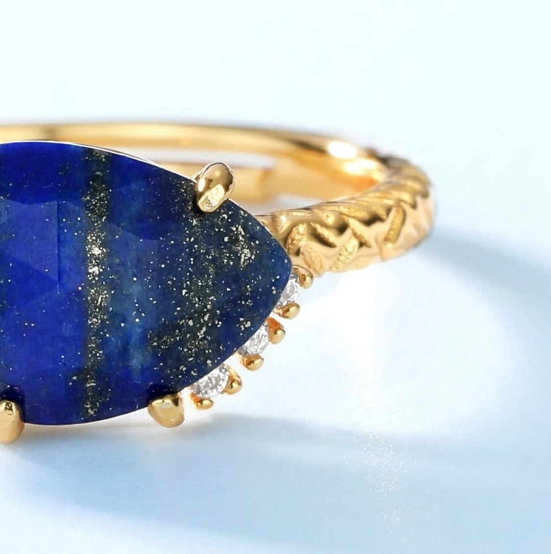 14K Gold-Plated 925 Silver Natural Lapis Lazuli Open Ring