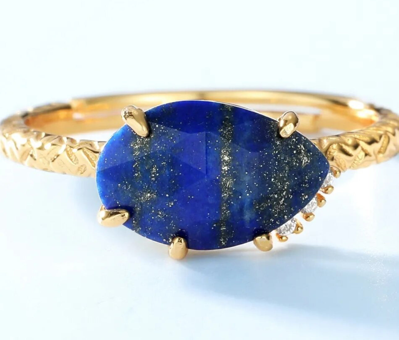 14K Gold-Plated 925 Silver Natural Lapis Lazuli Open Ring