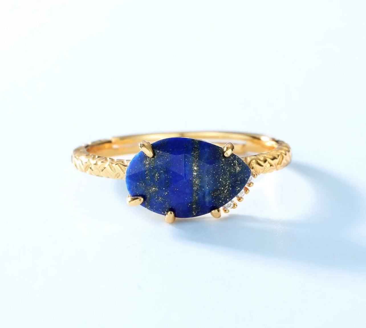 14K Gold-Plated 925 Silver Natural Lapis Lazuli Open Ring