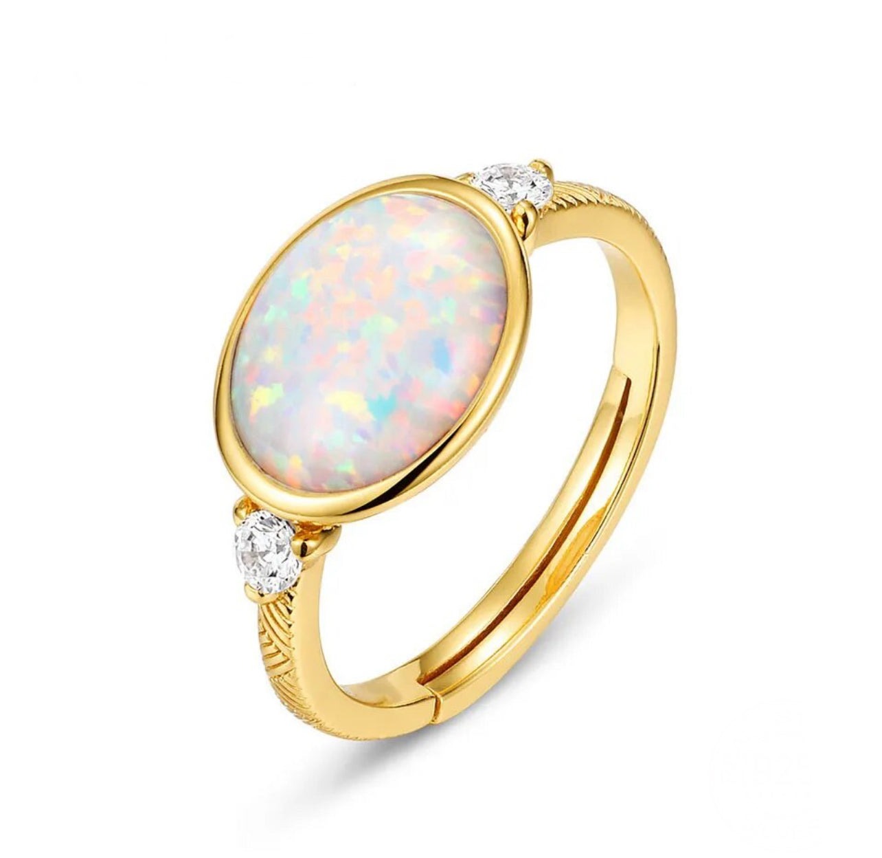 Vintage 14K Gold-Plated 925 Silver Created Oval Opal Adjustable Ring