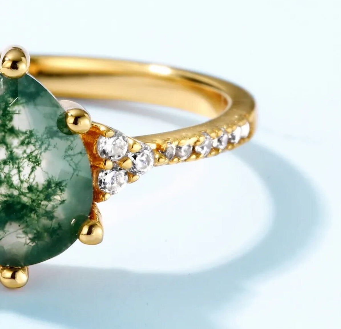 14K Gold-Plated 925 Silver Natural 6x8mm Green Moss Agate Water Drop Ring