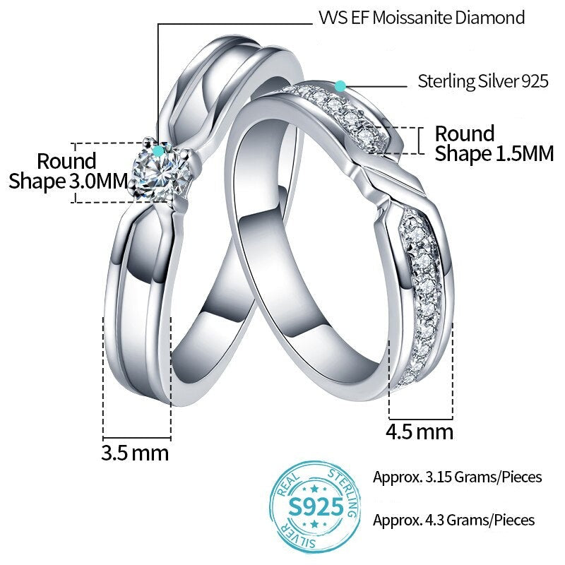 Solid 925 Silver Moissanite Couple Rings