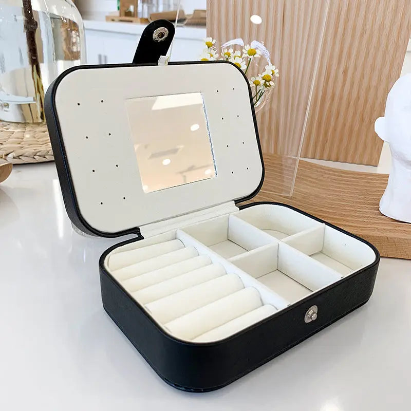 BLACK WITH MIRROR - Portable Leather Jewelry Box for Earrings and Rings