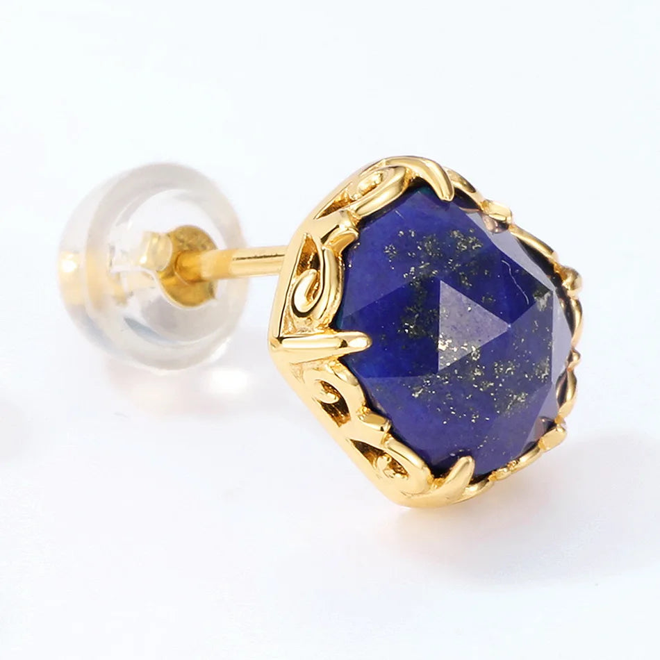 Vintage 14K Gold-Plated 925 Silver Natural Lapis Lazuli Stud Earrings