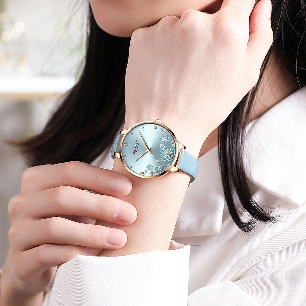 Women's Leather Quartz Wristwatches with Flower Dial