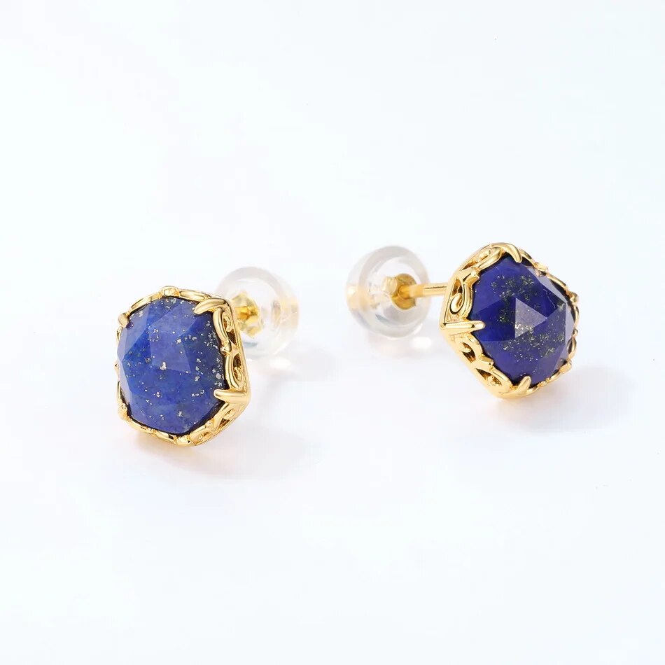 Vintage 14K Gold-Plated 925 Silver Natural Lapis Lazuli Stud Earrings