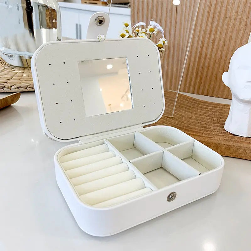 WHITE WITH MIRROR - Portable Leather Jewelry Box for Earrings and Rings