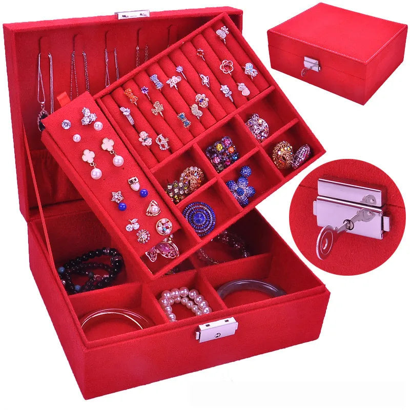 Double-Layer Velvet Jewelry Box - European Necklace and Ring Holder - RED