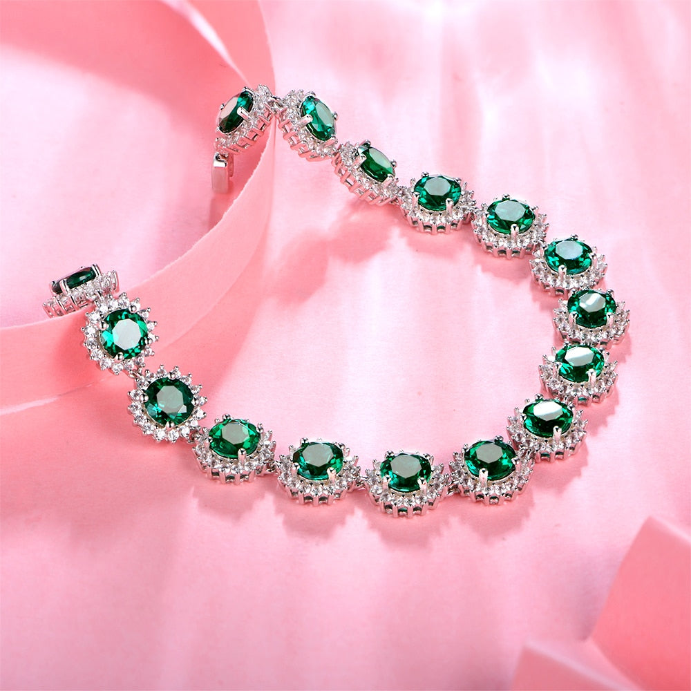 925 Silver Vintage 6.0mm Emerald Gemstone Strand Bracelet