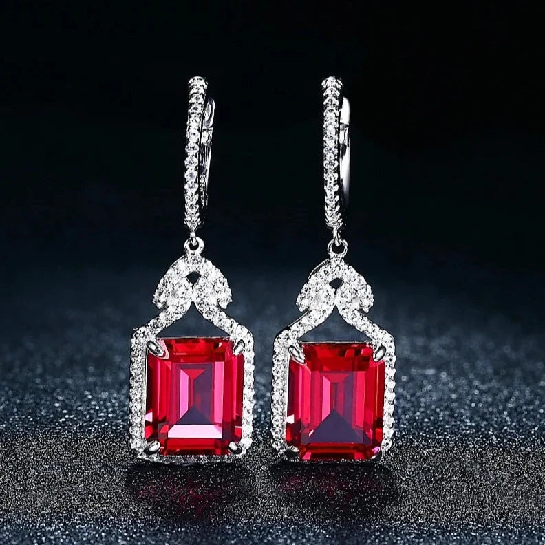 925 Silver 12 CT Created Ruby Charming Style Drop Earrings