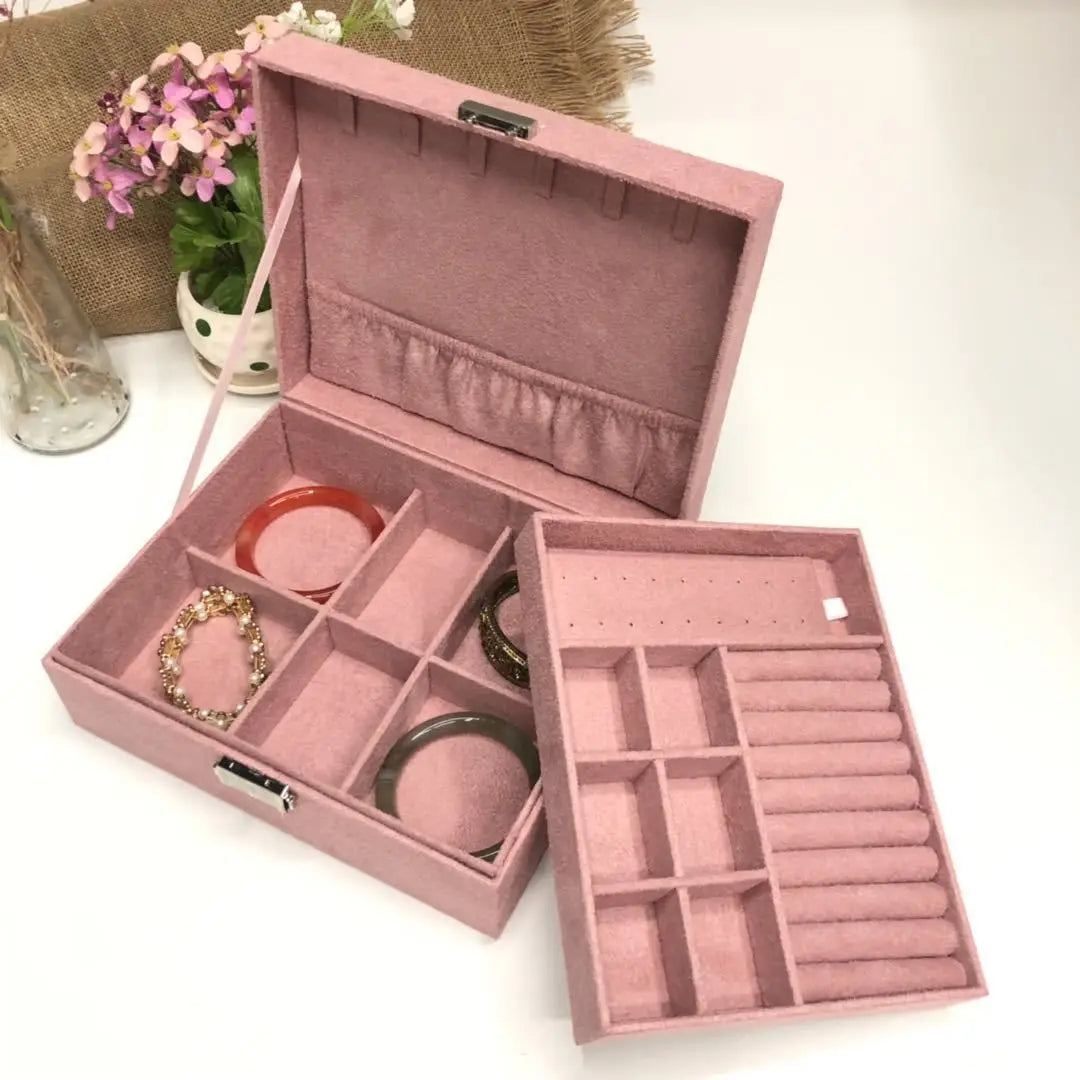 Double-Layer Velvet Jewelry Box - European Necklace and Ring Holder - PINK