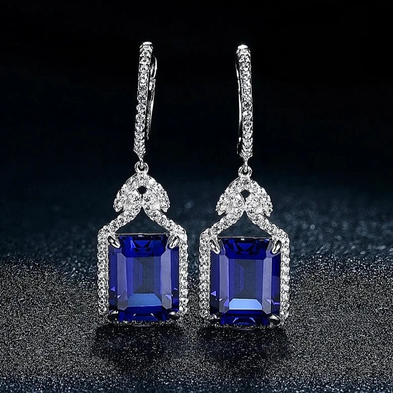 925 Silver 12 CT Created Blue Sapphire Charming Style Drop Earrings