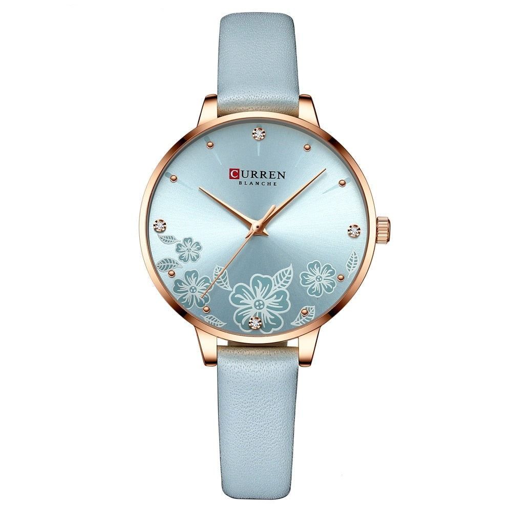 Women's Leather Quartz Wristwatches with Flower Dial