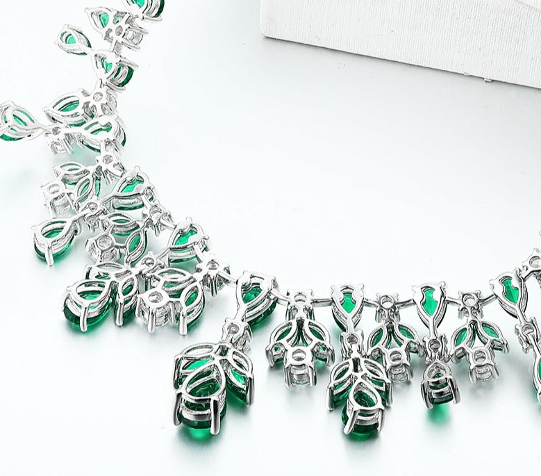 925 Silver Vintage Pear Cut Emerald Necklace