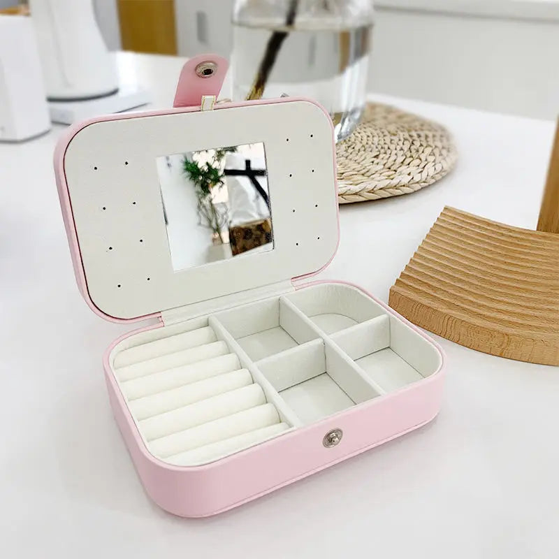 PINK WITH MIRROR - Portable Leather Jewelry Box for Earrings and Rings