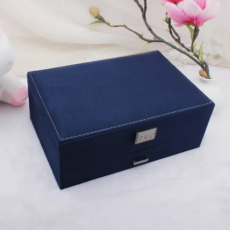 Double Layer Flannel Jewelry Holder - Large Capacity Velvet Jewel Box - NAVY