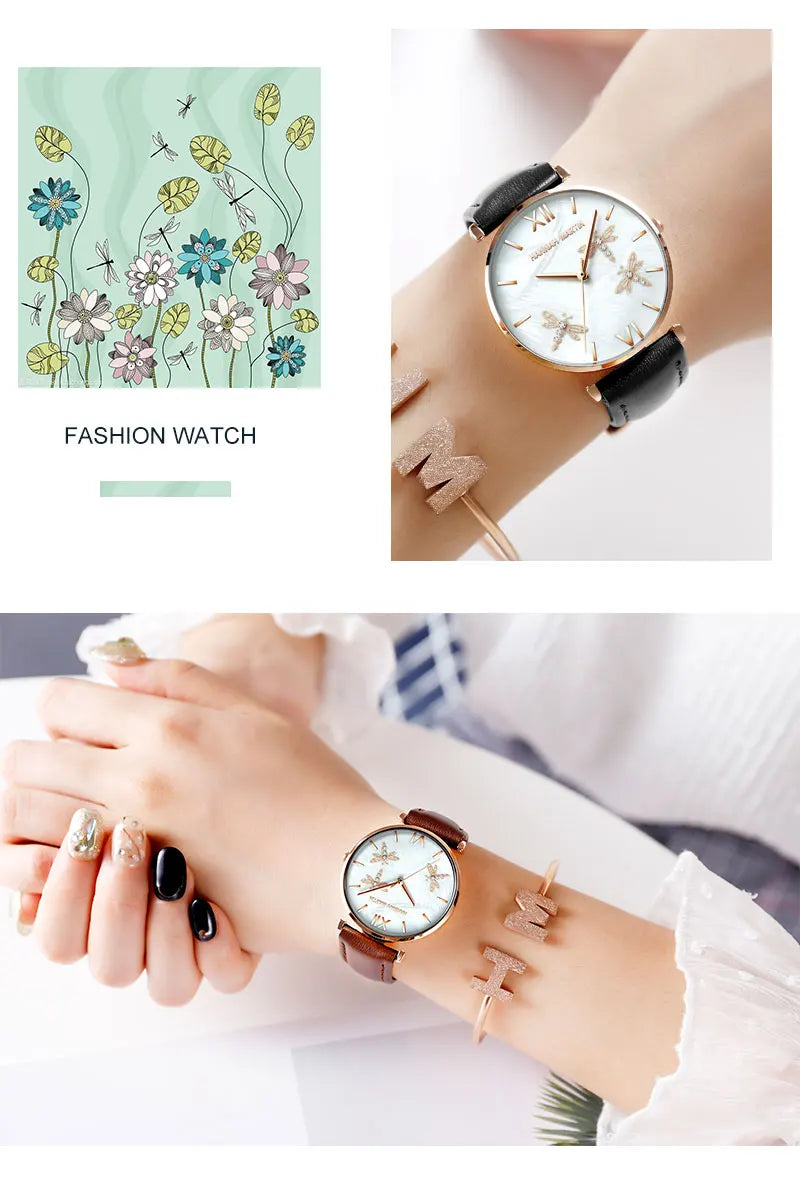 Japan Akoya Pearl Shell Women Watches - Dragonfly Design