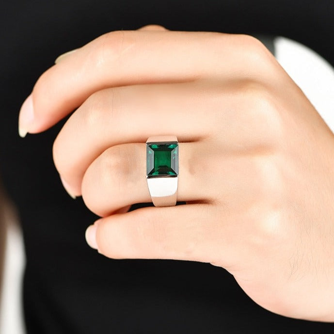 925 Silver Square Cut Emerald Ring for Men on model