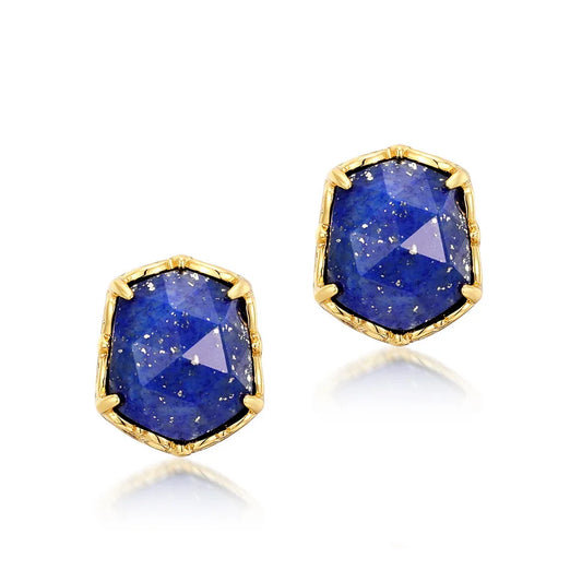 Vintage 14K Gold-Plated 925 Silver Natural Lapis Lazuli Stud Earrings