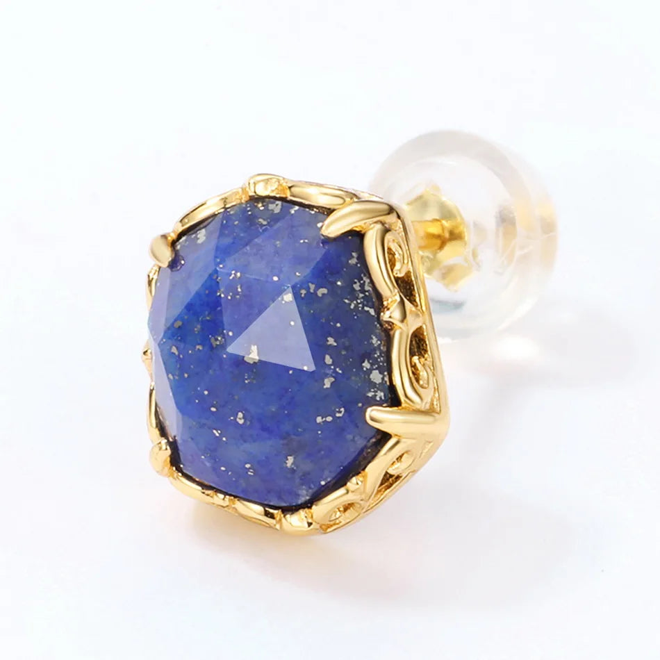 Vintage 14K Gold-Plated 925 Silver Natural Lapis Lazuli Stud Earrings