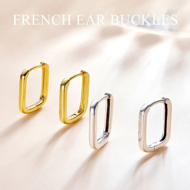 925 Silver French Square Buckle Earrings - silver & yellow gold plated