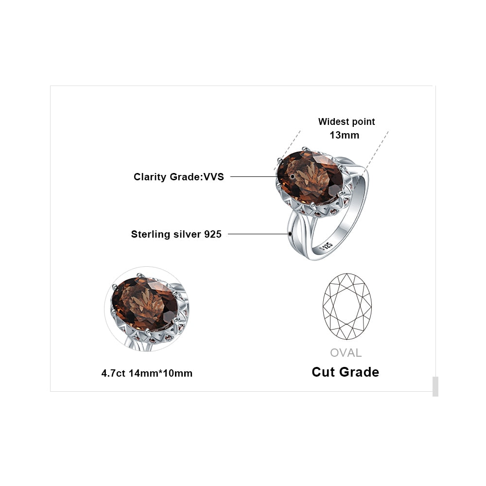 925 Silver Oval 5.7CT Genuine Smoky Quartz Cocktail Statement Ring