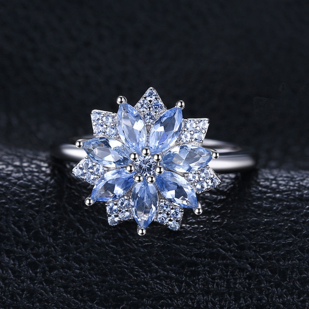 925 Silver Flower Design 1.2CT Created Blue Spinel Cocktail Ring