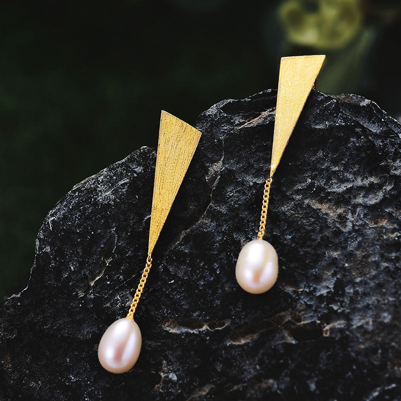 925 Silver Natural Pearl Handmade Triangle Earrings