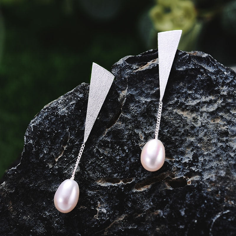 925 Silver Natural Pearl Handmade Triangle Earrings