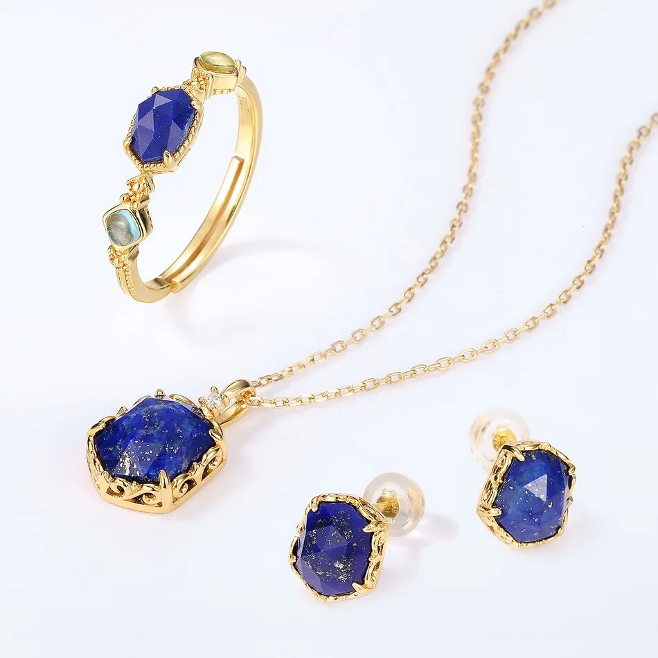 Vintage 14K Gold-Plated 925 Silver Natural Lapis Lazuli Stud Earrings