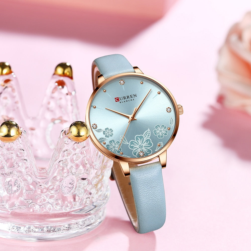 Women's Leather Quartz Wristwatches with Flower Dial