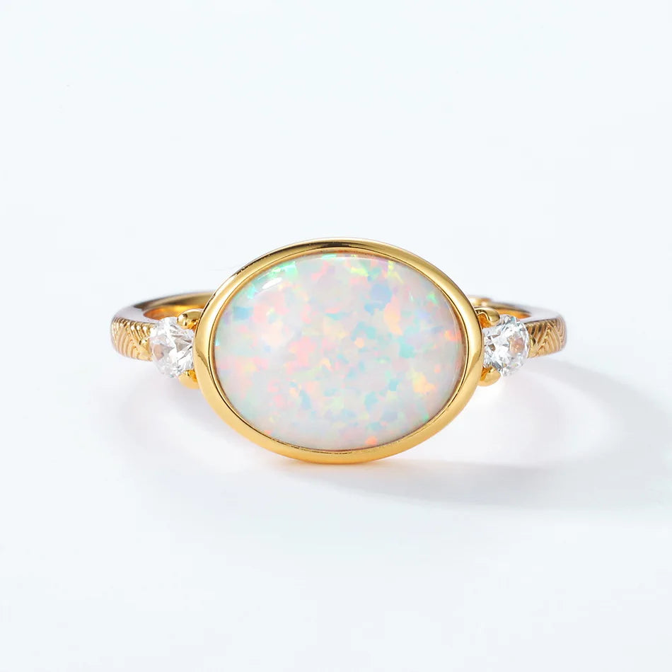 Vintage 14K Gold-Plated 925 Silver Created Oval Opal Adjustable Ring