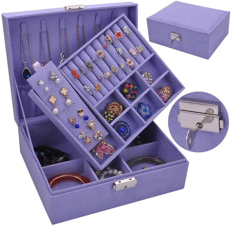 Double Layer Flannel Jewelry Holder - Large Capacity Velvet Jewel Box - PURPLE