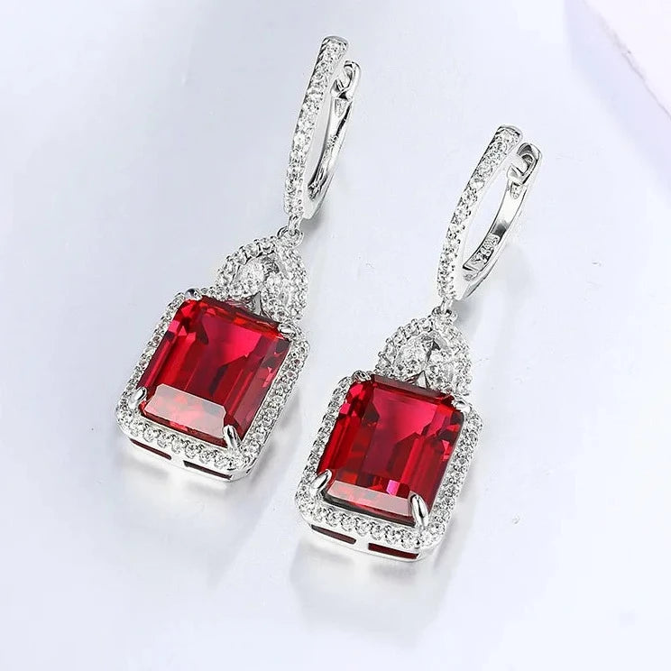 925 Silver 12 CT Created Ruby Charming Style Drop Earrings