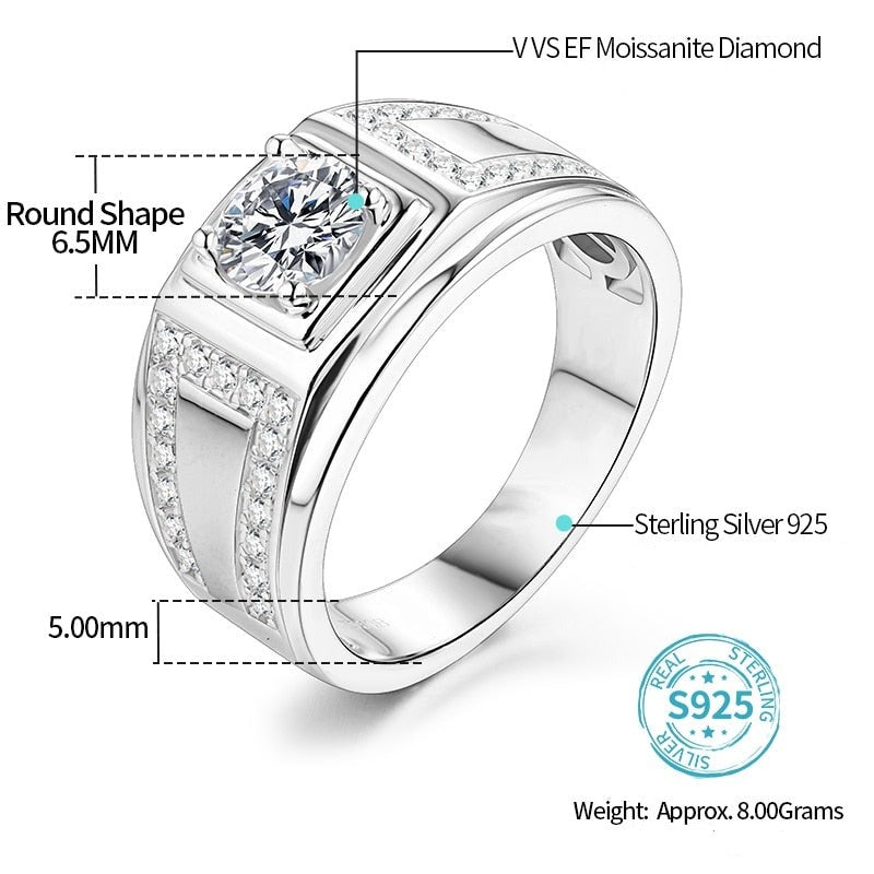 Vintage Classic 925 Silver 1Ct Moissanite Ring for Men