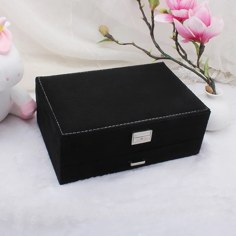 Double Layer Flannel Jewelry Holder - Large Capacity Velvet Jewel Box -  BLACK