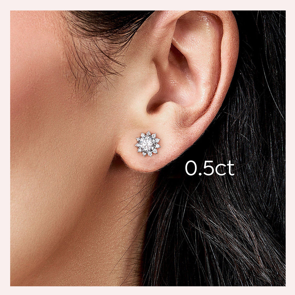 925 Silver Moissanite Halo Sunflower Stud Earrings