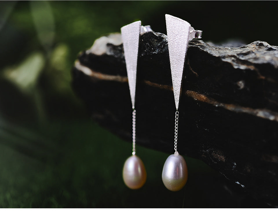 925 Silver Natural Pearl Handmade Triangle Earrings