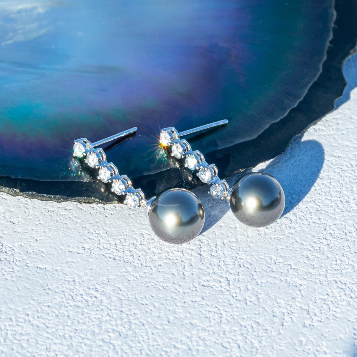 10K White Gold Natural Tahitian Black Pearl Moissanite Earrings