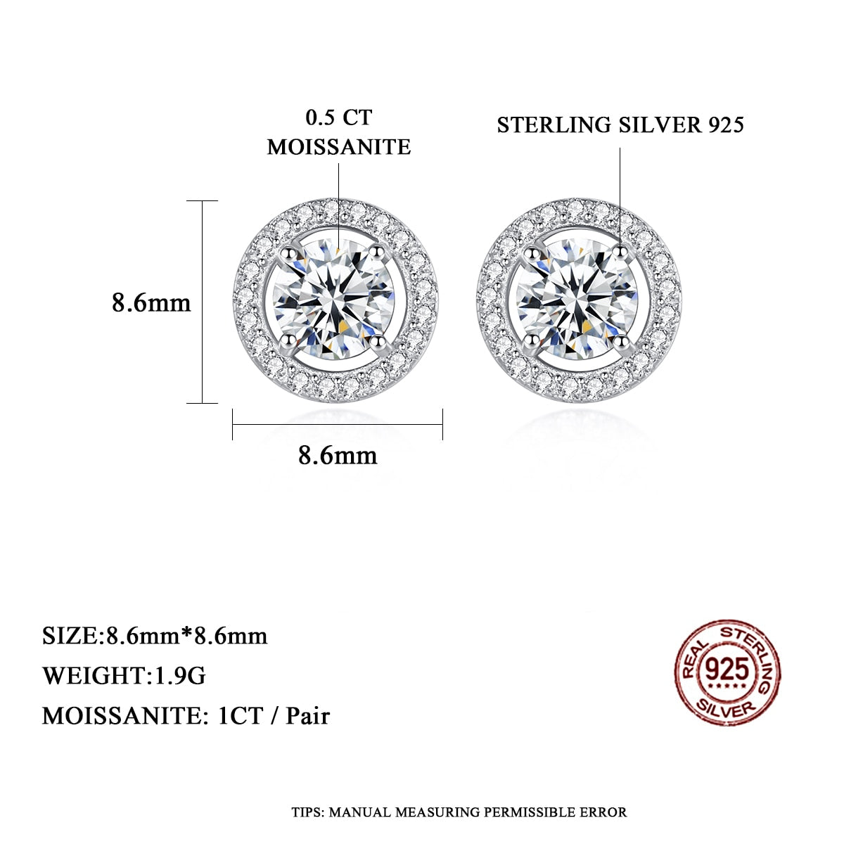 925 Silver 1Cttw Moissanite Round Halo Stud Earrings