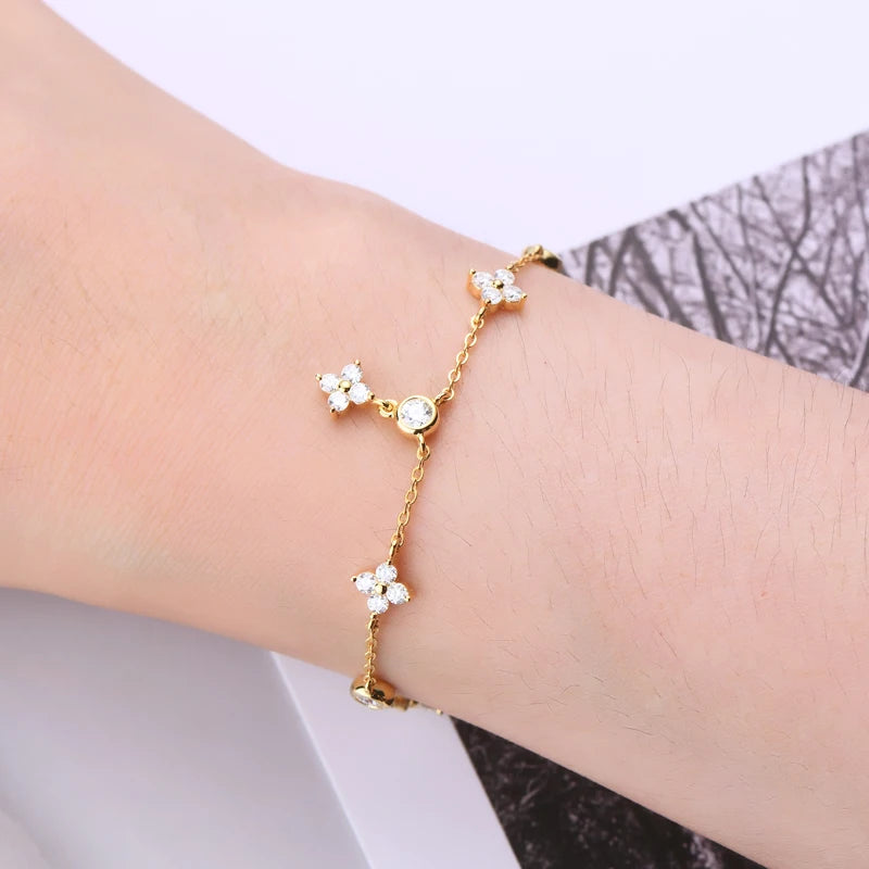 18K Gold-Plated 925 Silver Four Leaf Clover Moissanite Charm Bracelet