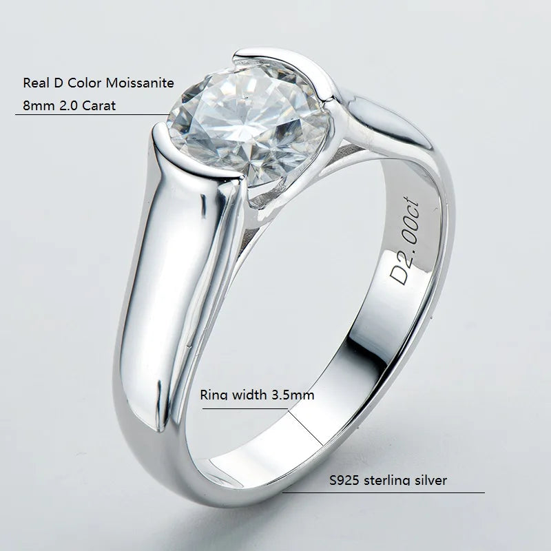 925 Silver 2Ct Moissanite Diamond Solitaire Engagement Ring - Bezel Setting 8mm