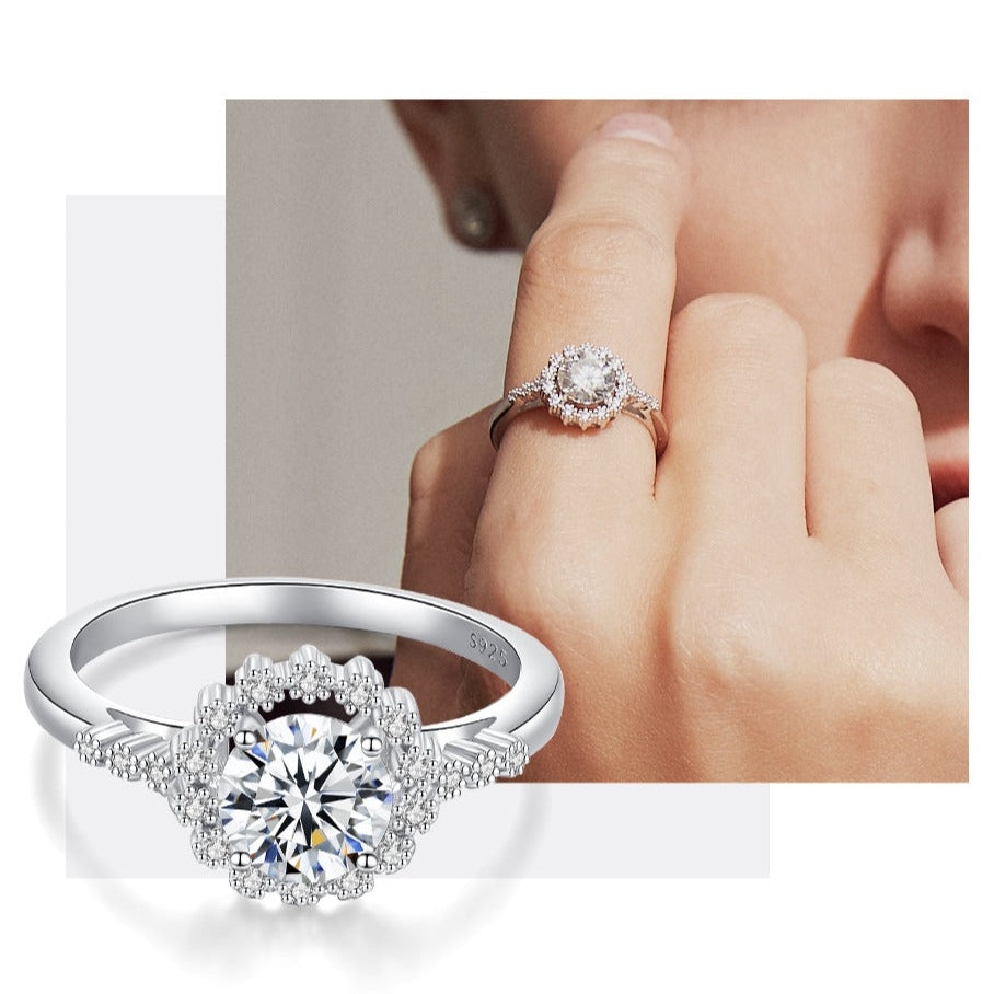 925 Silver 1CT Moissanite Flower Ring